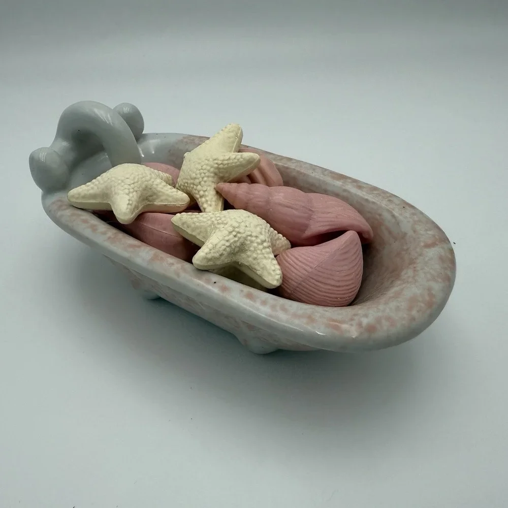 Vtg Ceramic Bathtub Pink Soap Sponge Dish Cottage Farmhouse Trinket & Shell Soap